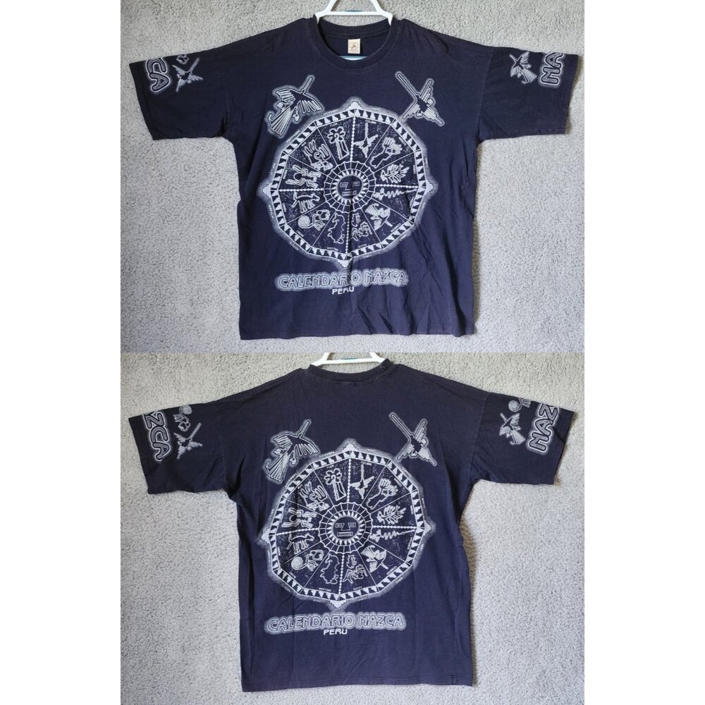Inca Peru Cusco Calendario Nazca Graphic Navy Blue T Shirt Size XL 100% Cotton
